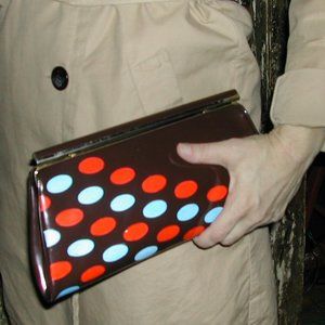 Vintage Brown Patent Leather Clutch with Hand Painted Oval Orang/Blue Dots
